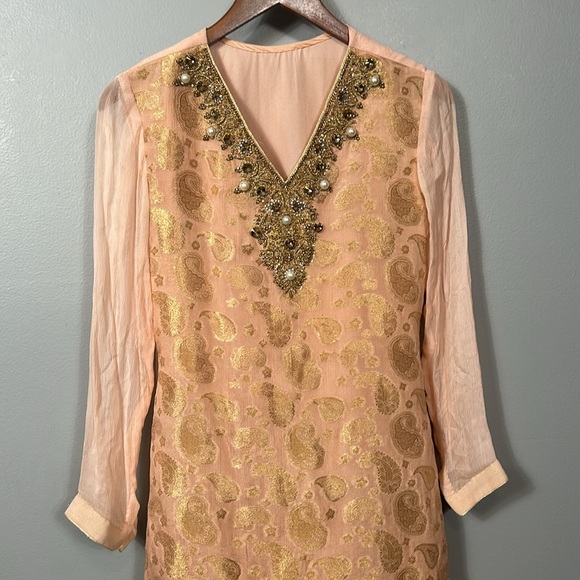 Light peach beaded v neck chiffon midi dress size small ethnic Indian - Picture 2 of 14
